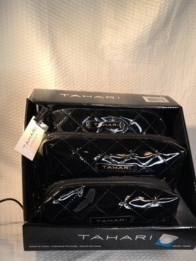 Tahari Black Quilted Patent Toiletry Pouch 3 Piece Set